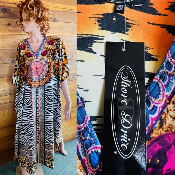 SHORE DRIVE NWT Leopard ZEBRA PEARLS Print CAFTAN O/S - Picture 7 of 13